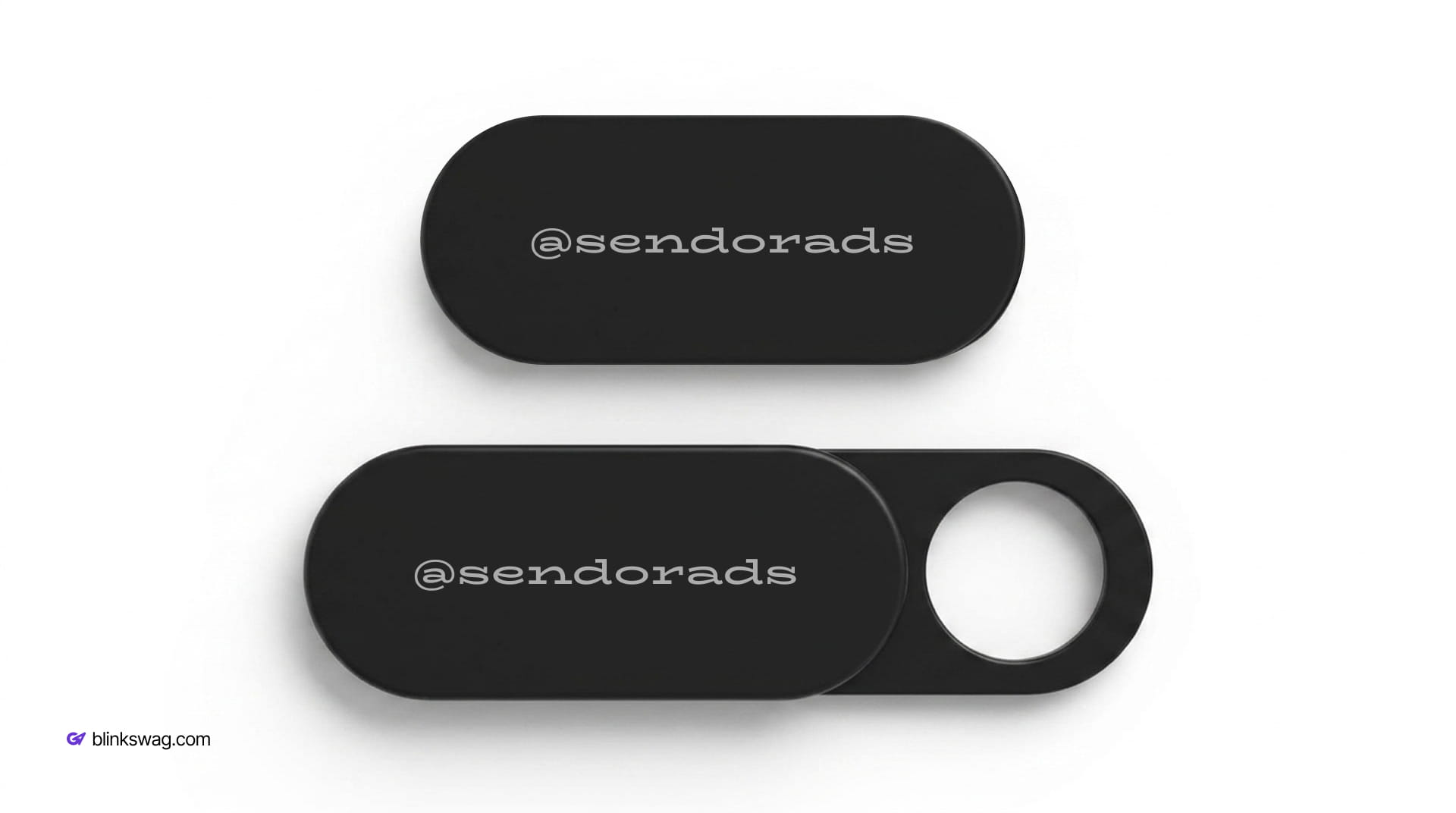 custom branded Pair of ultra-thin black sliding webcam covers showing both closed and open positions.