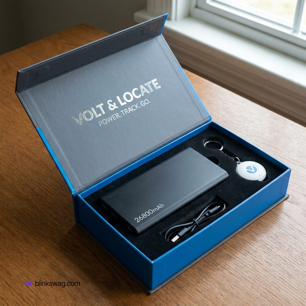 Volt & Locate gift box containing a 26800mAh black power bank, charging cable, and a circular key finder tracker.