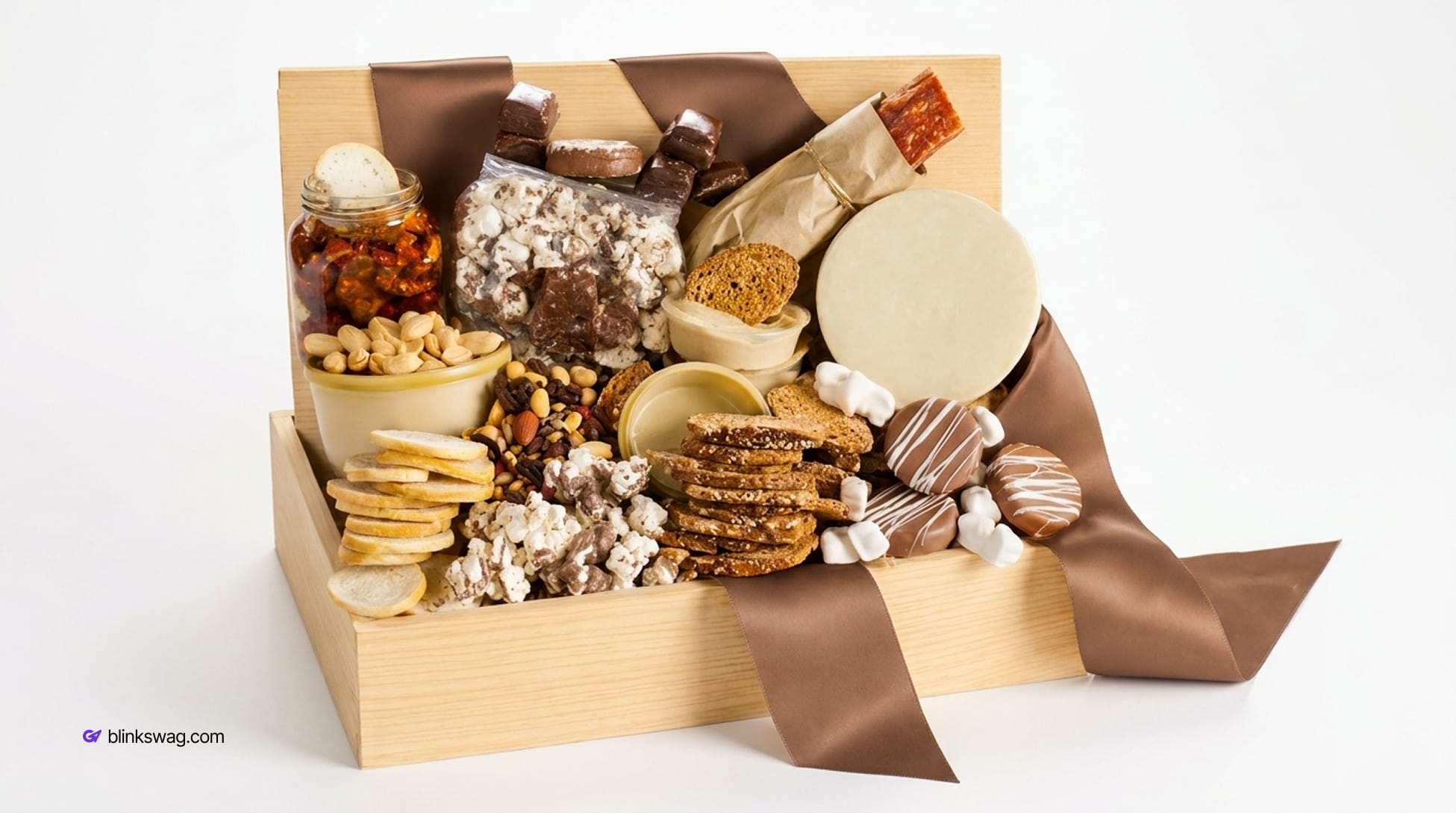 Olive and cocoa Wooden crate overflowing with gourmet snacks, artisan crackers, popcorn, nuts, and chocolates tied with a satin brown ribbon.