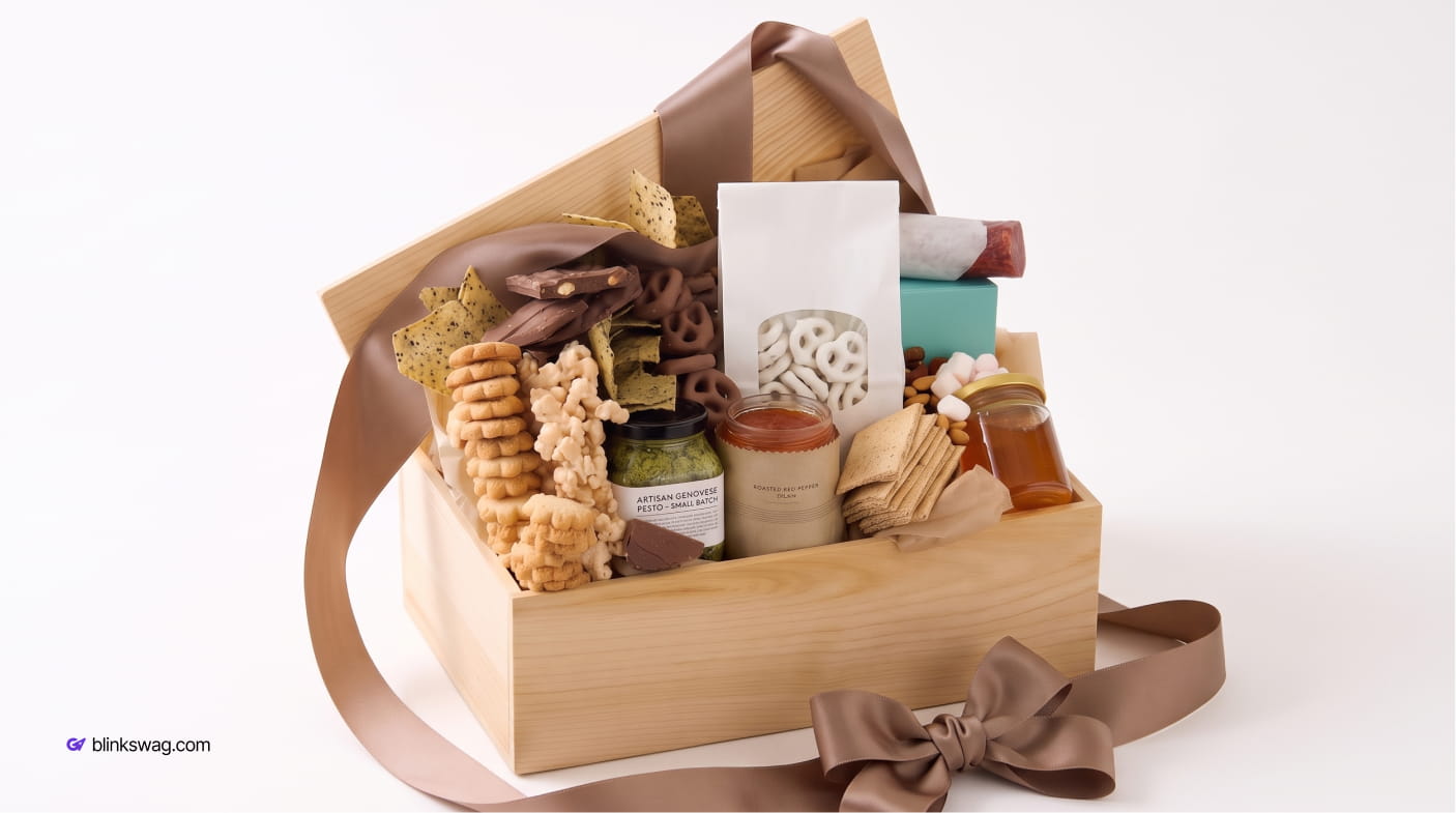 Olive & Cocoa Tastes for Everyone - Wooden gift crate tied with a brown ribbon and filled with artisan crackers, pesto, pretzels, nuts, and sweets.