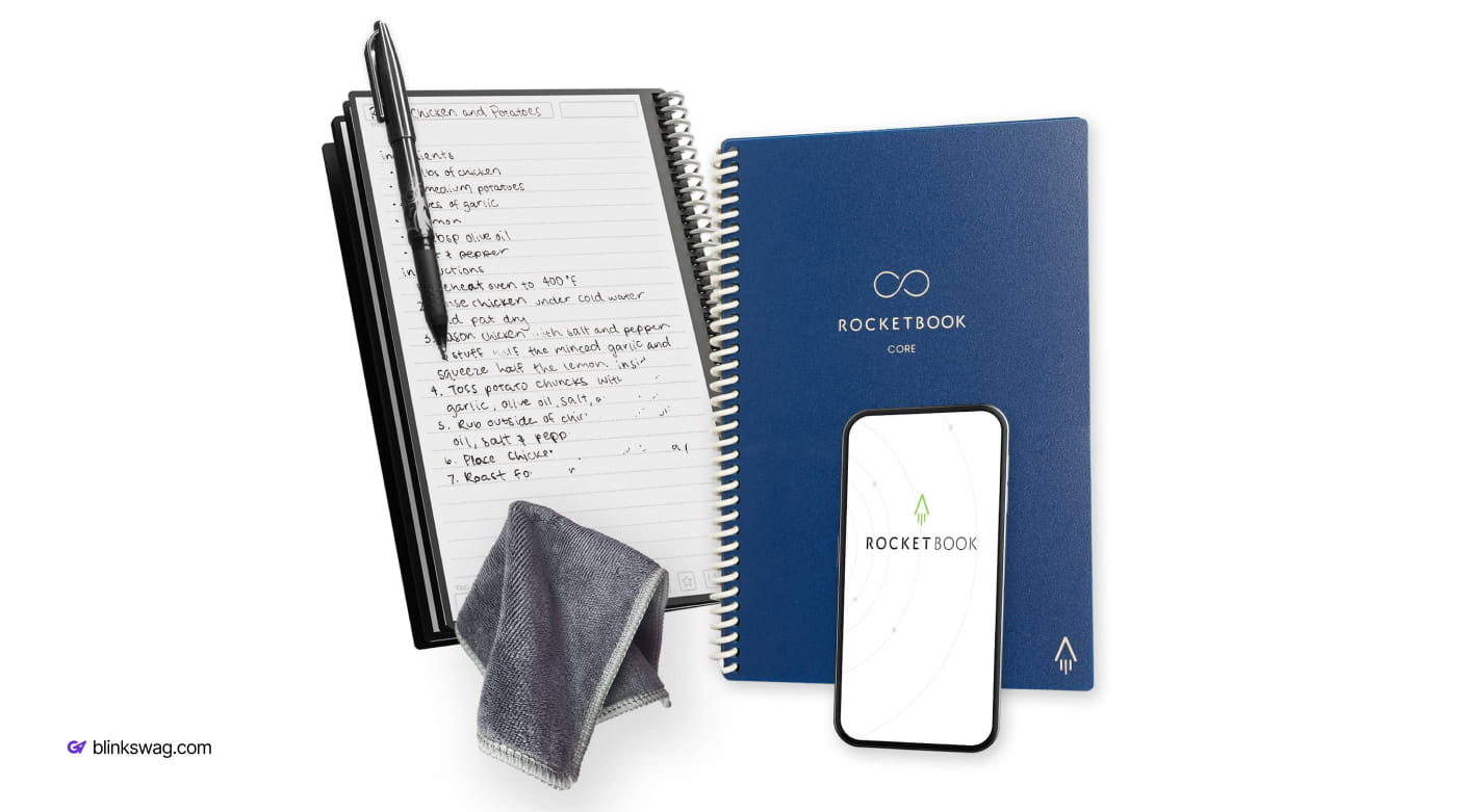 Blue Rocketbook Core notebook displayed alongside an open handwritten page, pen, microfiber cloth, and a smartphone.