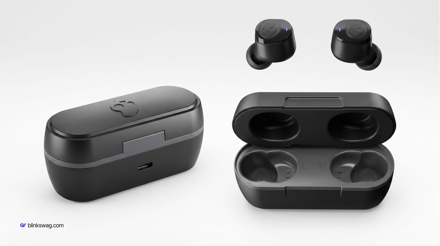 Matte black Skullcandy Jib 2 true wireless earbuds shown alongside their open and closed portable charging cases.