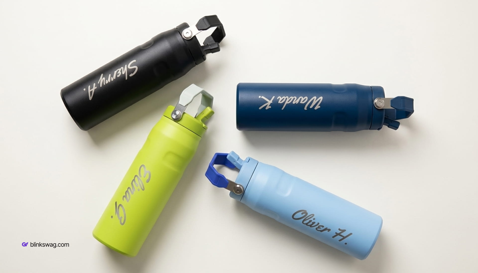 Four personalized 24 oz Stanley IceFlow water bottles with flip straw lids in black, navy, lime green, and light blue.