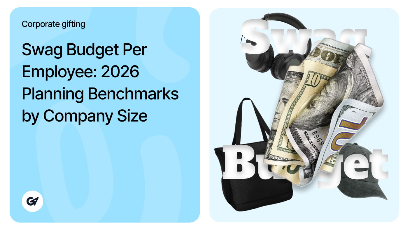Title graphic for planning 2026 swag budget per employee benchmarks paired with rolled US dollar bills and custom corporate gifts.