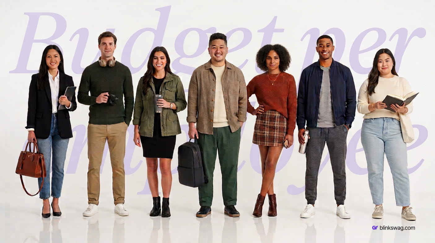 Diverse group of professionals wearing stylish corporate apparel and holding branded swag items. and in background "budget per employee" is written.