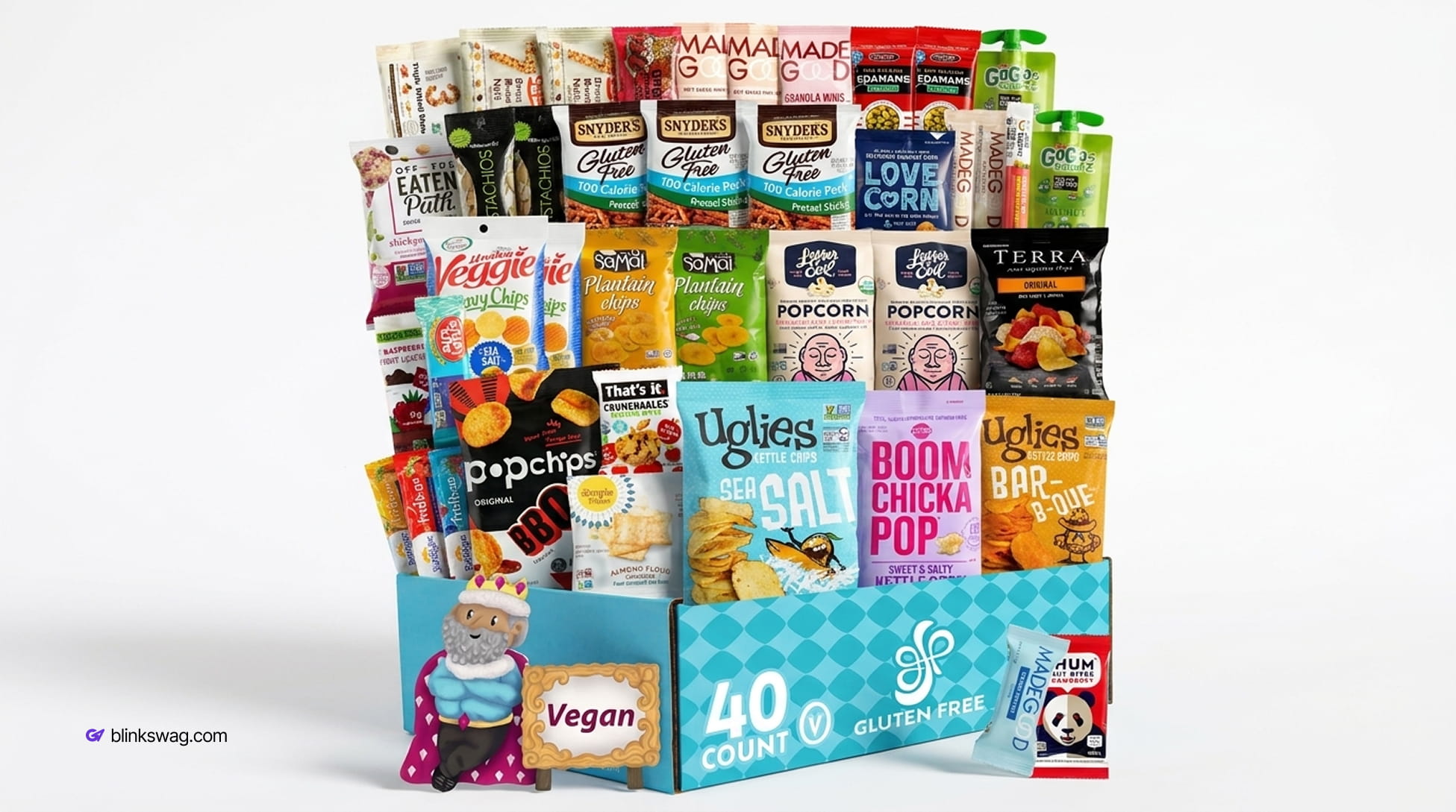 Large 40-count vegan and gluten-free snack gift box packed with chips, popcorn, and fruit snacks.