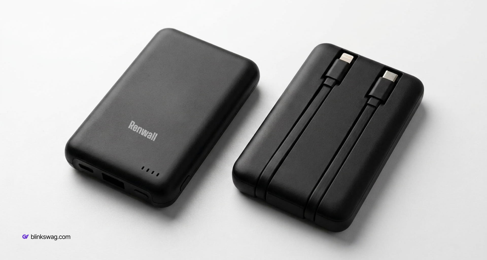 UL Corded PowerLink 5000 custom branded Matte black for Renwall showing front face with battery indicator lights and back side with integrated built-in charging cables.