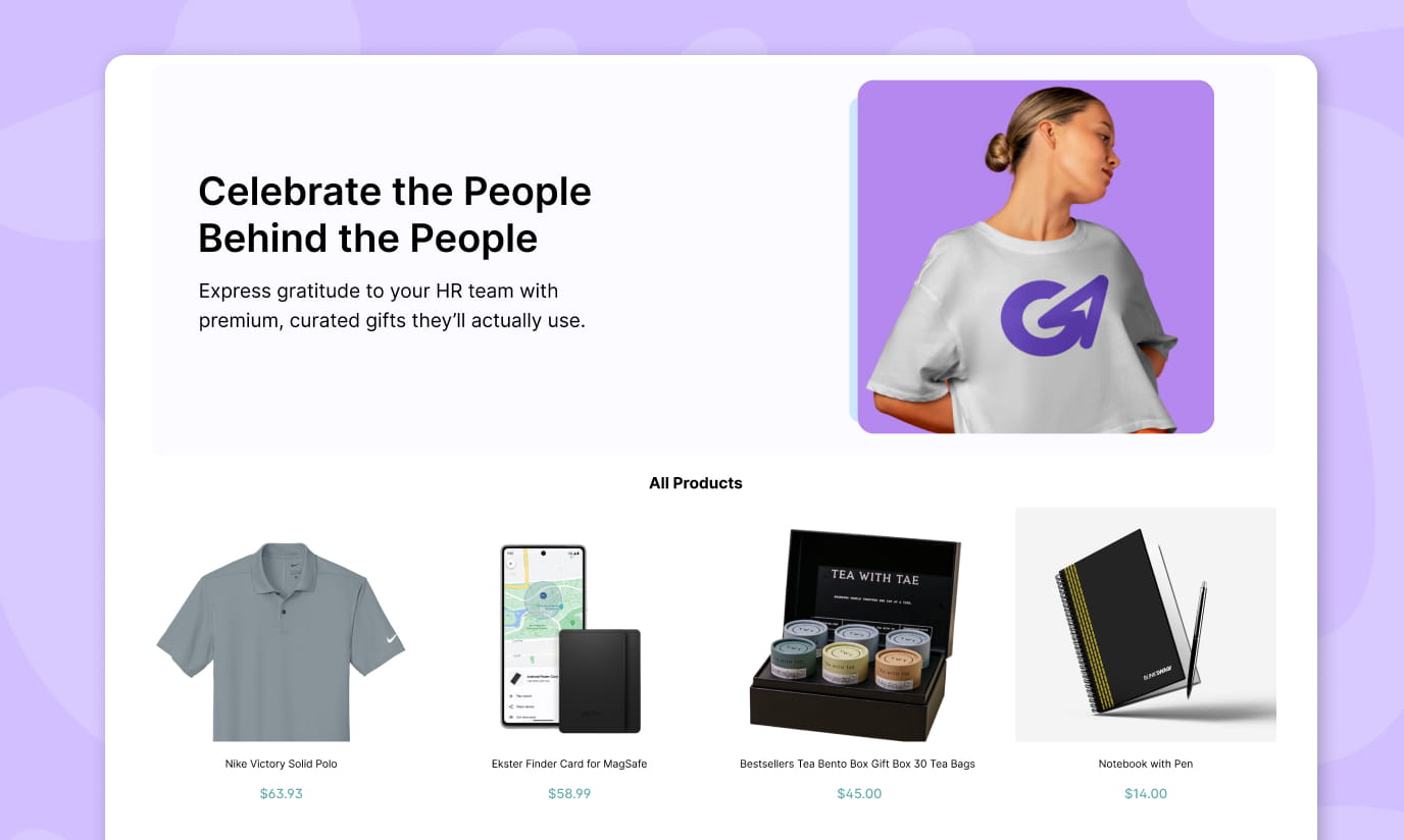 Online swag store interface offering customizable gifts like polo shirts, MagSafe trackers, tea gift boxes, and notebooks.