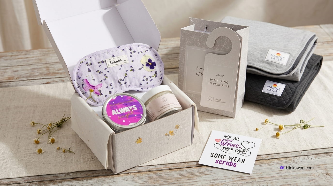 Unboxed wellness gift set containing a sleep mask, scented candle, body lotion, and cozy blankets.