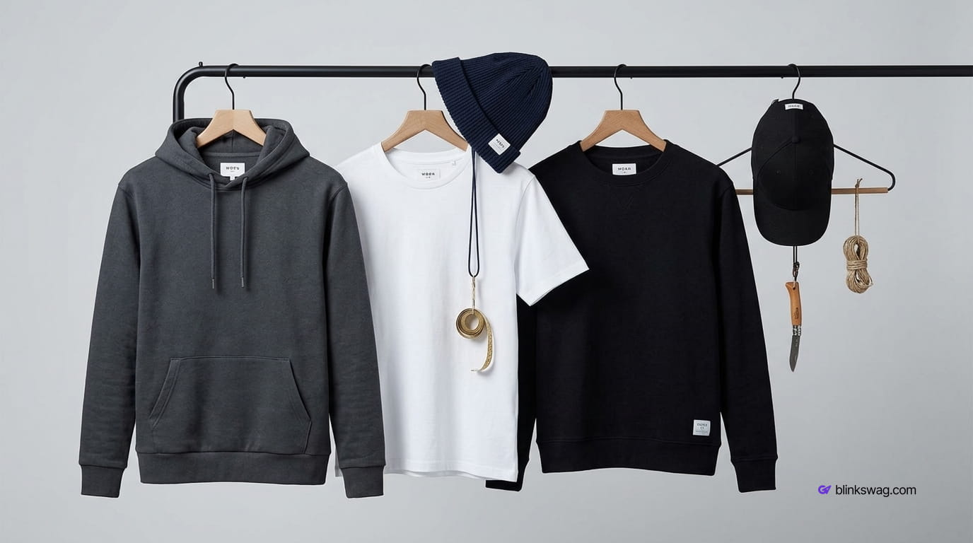 Clothing rack featuring custom hoodie, white t-shirt, sweatshirt, beanie, and baseball cap.
