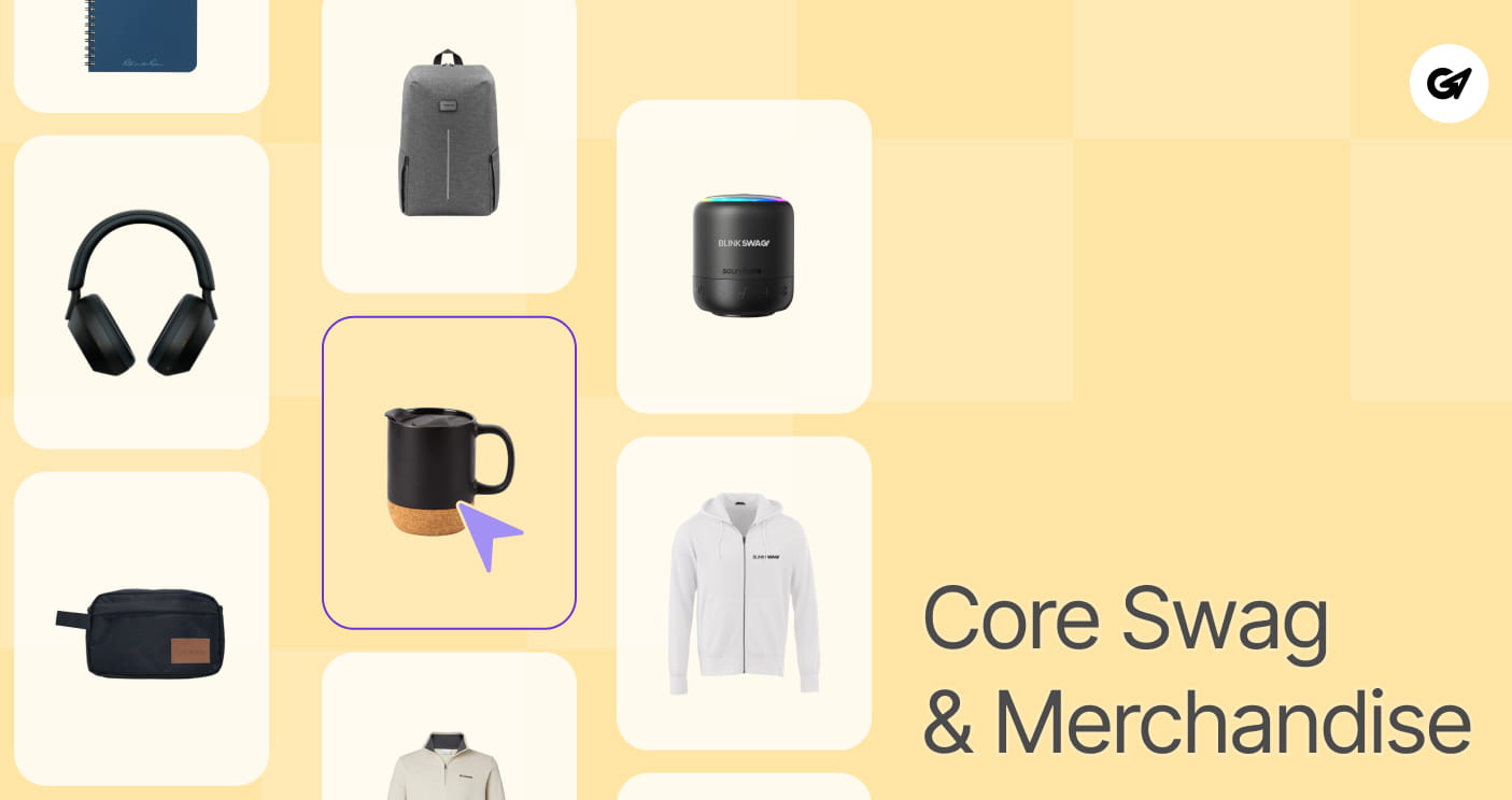 Modular grid layout displaying branded merchandise like a cork-base mug, grey backpack, white hoodie, wireless speaker, and headphones.