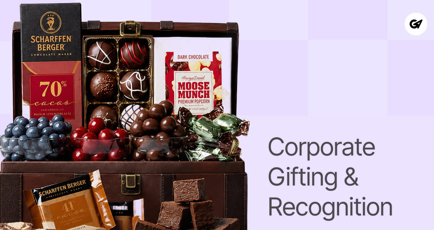 Luxury leather gift trunk packed with Scharffen Berger chocolates, Harry & David Moose Munch popcorn, and gourmet truffles.