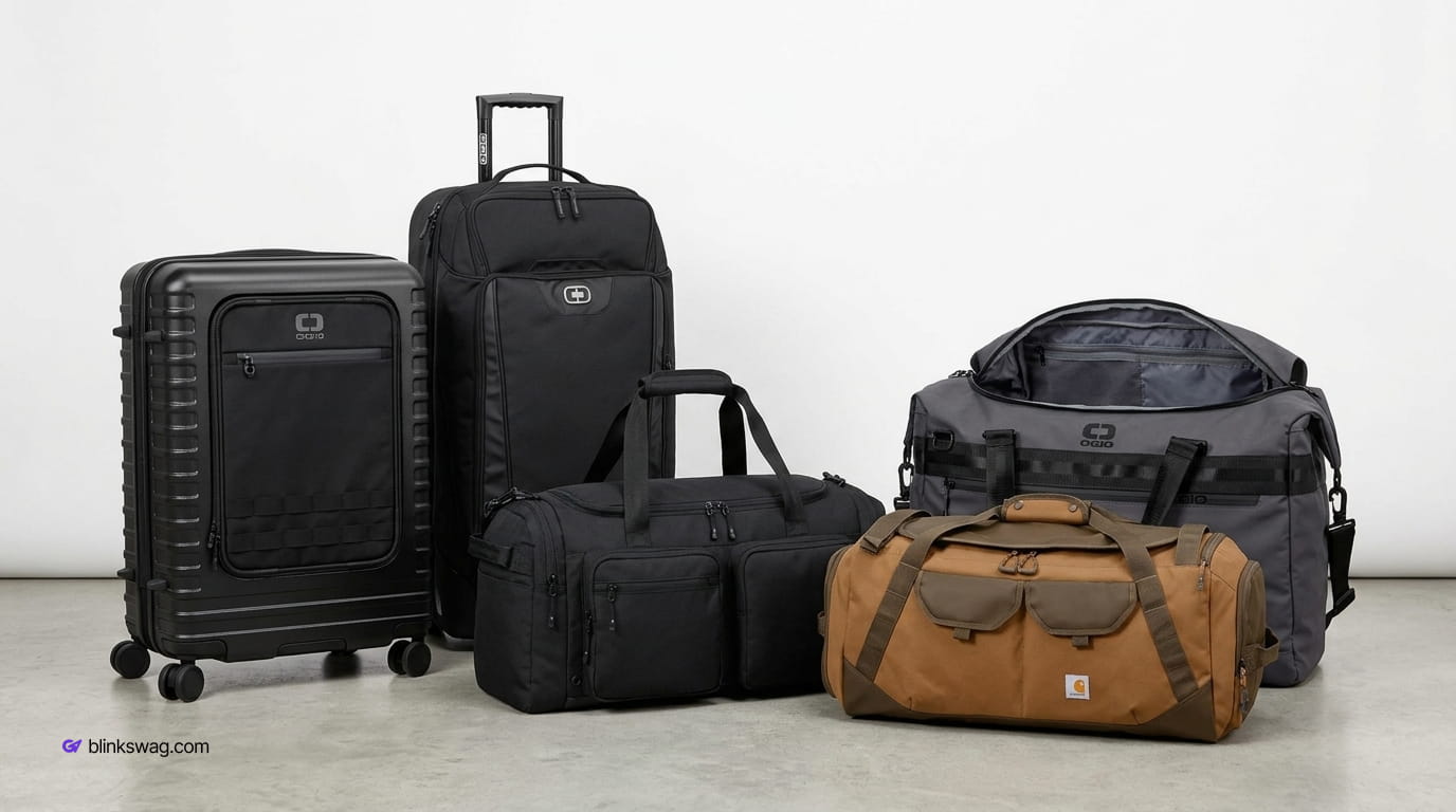 Collection of travel gear including rolling carry-on suitcases, weekender duffel bags, and utility totes.