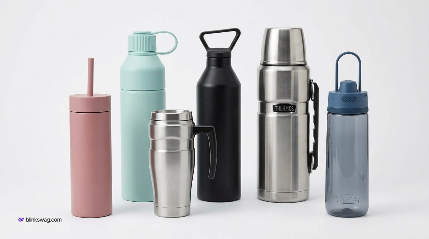 Lineup of premium insulated drinkware including stainless steel tumblers, travel mugs, and water bottles