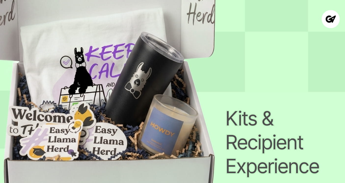 Unboxed welcome kit with a branded black tumbler, scented candle, t-shirt, and custom stickers in paper crinkle fill.