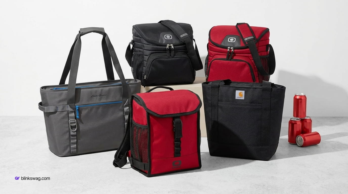 Collection of durable insulated lunch bags, soft cooler totes, and lunch boxes in various colors