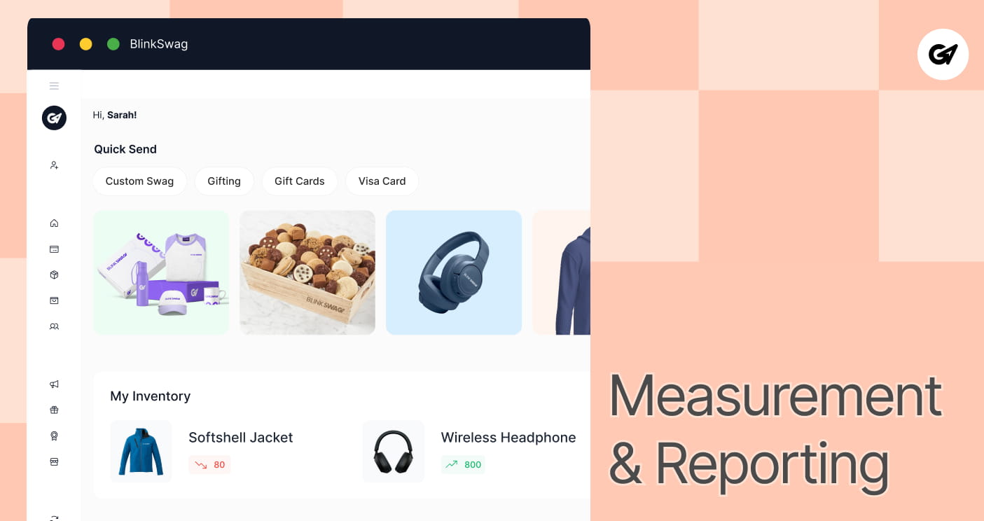 Analytics dashboard interface displaying inventory counts and quick-send options for corporate gifts and merchandise.