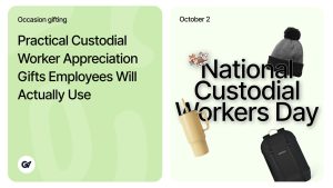 Graphic celebrating National Custodial Workers Day featuring a beanie, tumbler, and backpack.