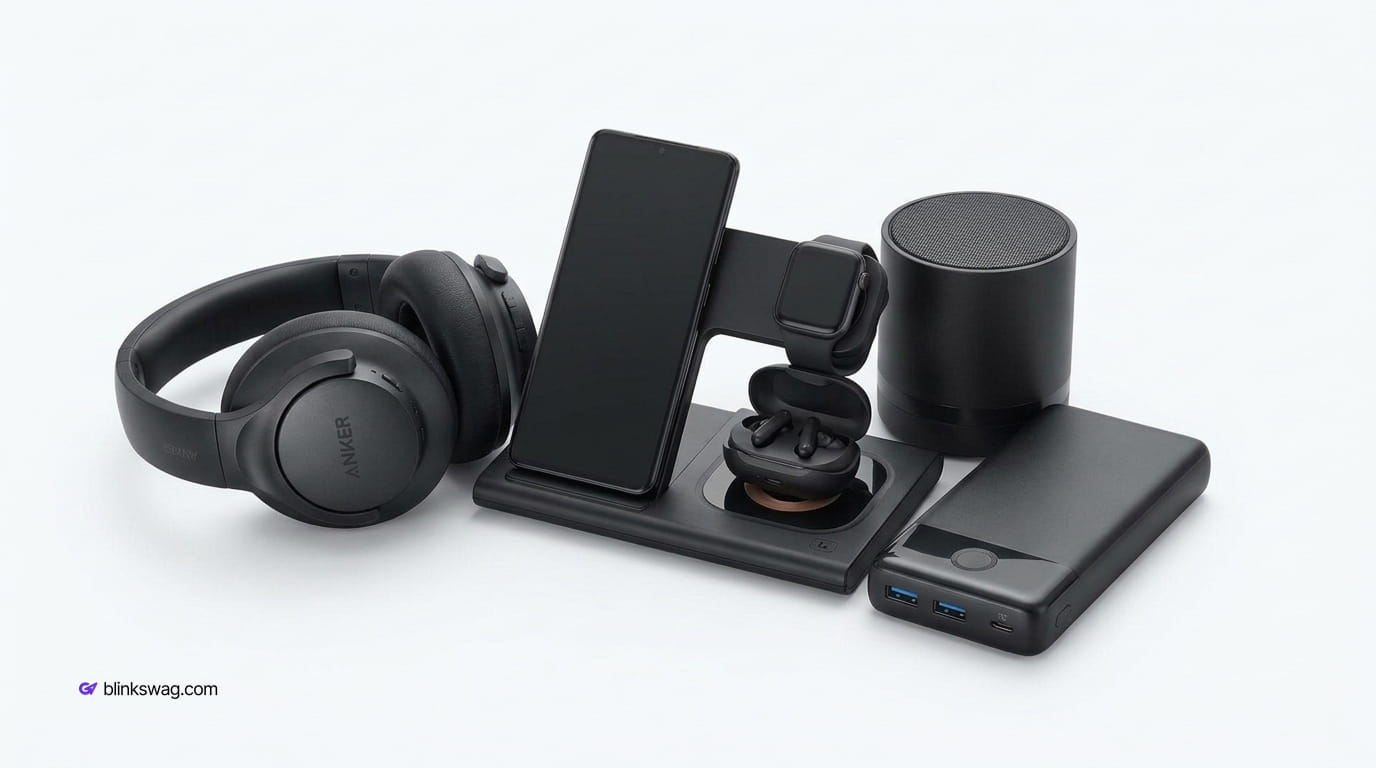 Set of black tech accessories including wireless headphones, multi-device charging stand, speaker, and power bank.