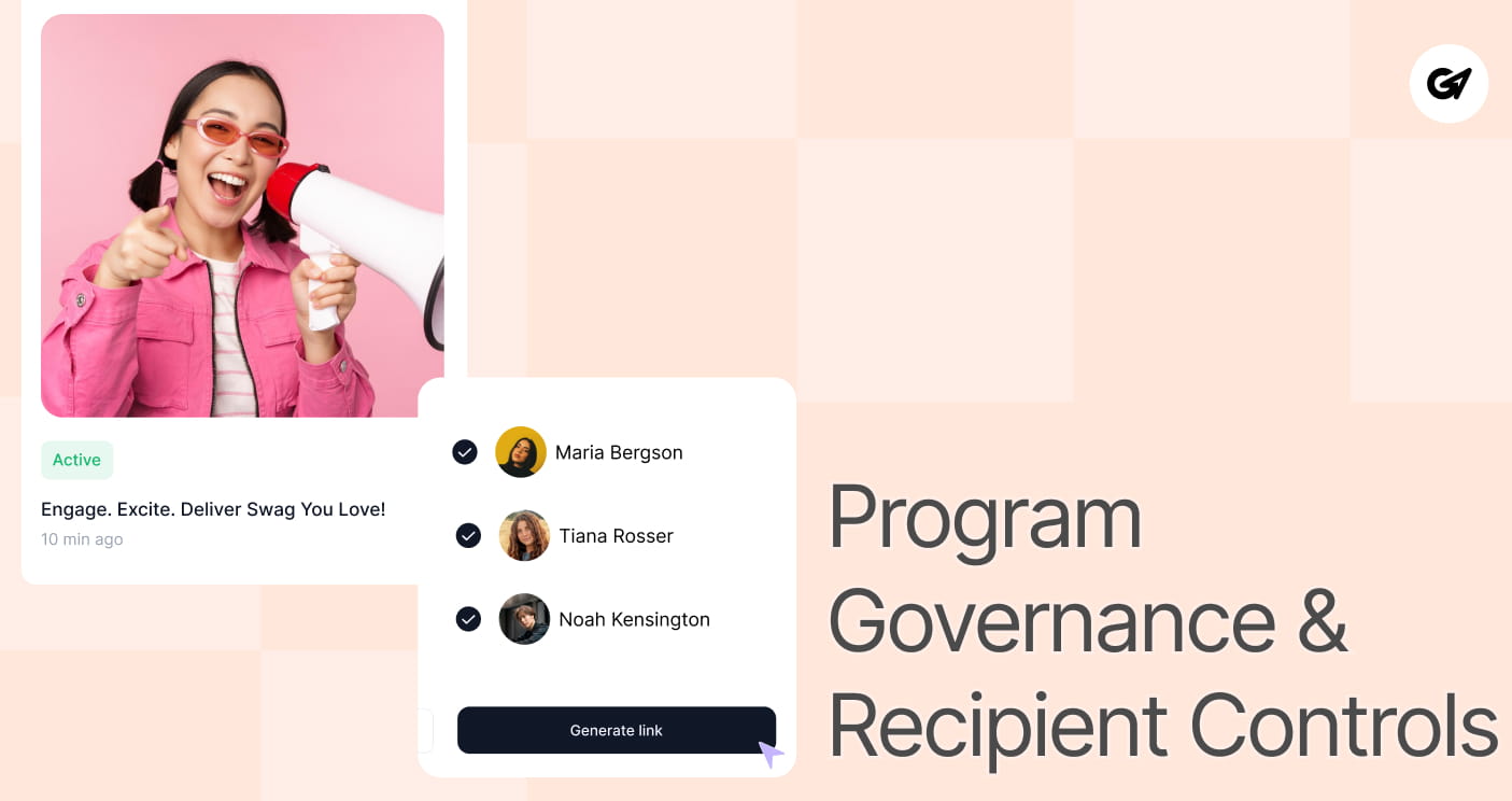 Recipient management portal overlay showing active campaign status and recipient selection controls.
