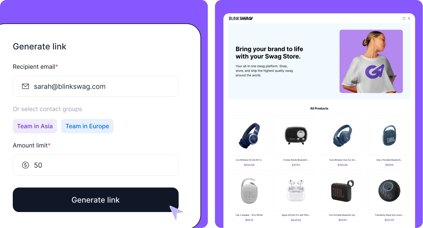 Comparison of a BlinkSwag single-recipient reward link generator interface next to a full branded company swag store