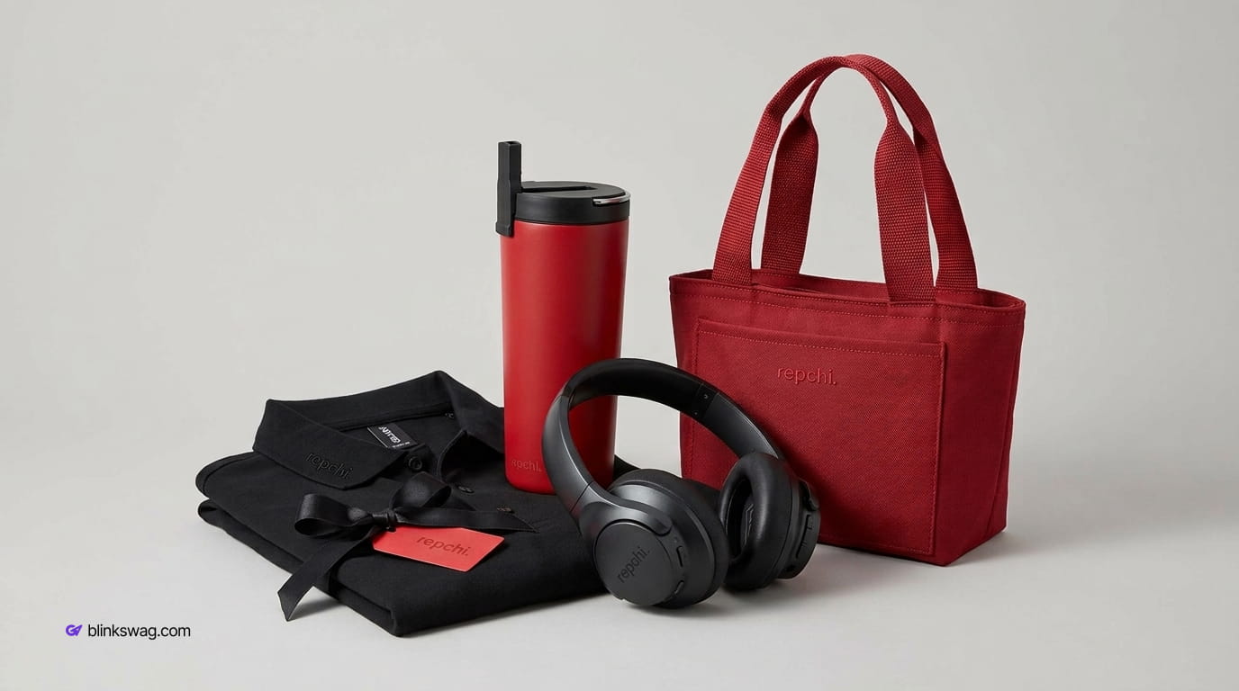Appreciation gift set featuring a folded polo shirt, red tumbler, noise-canceling headphones, and tote bag.
