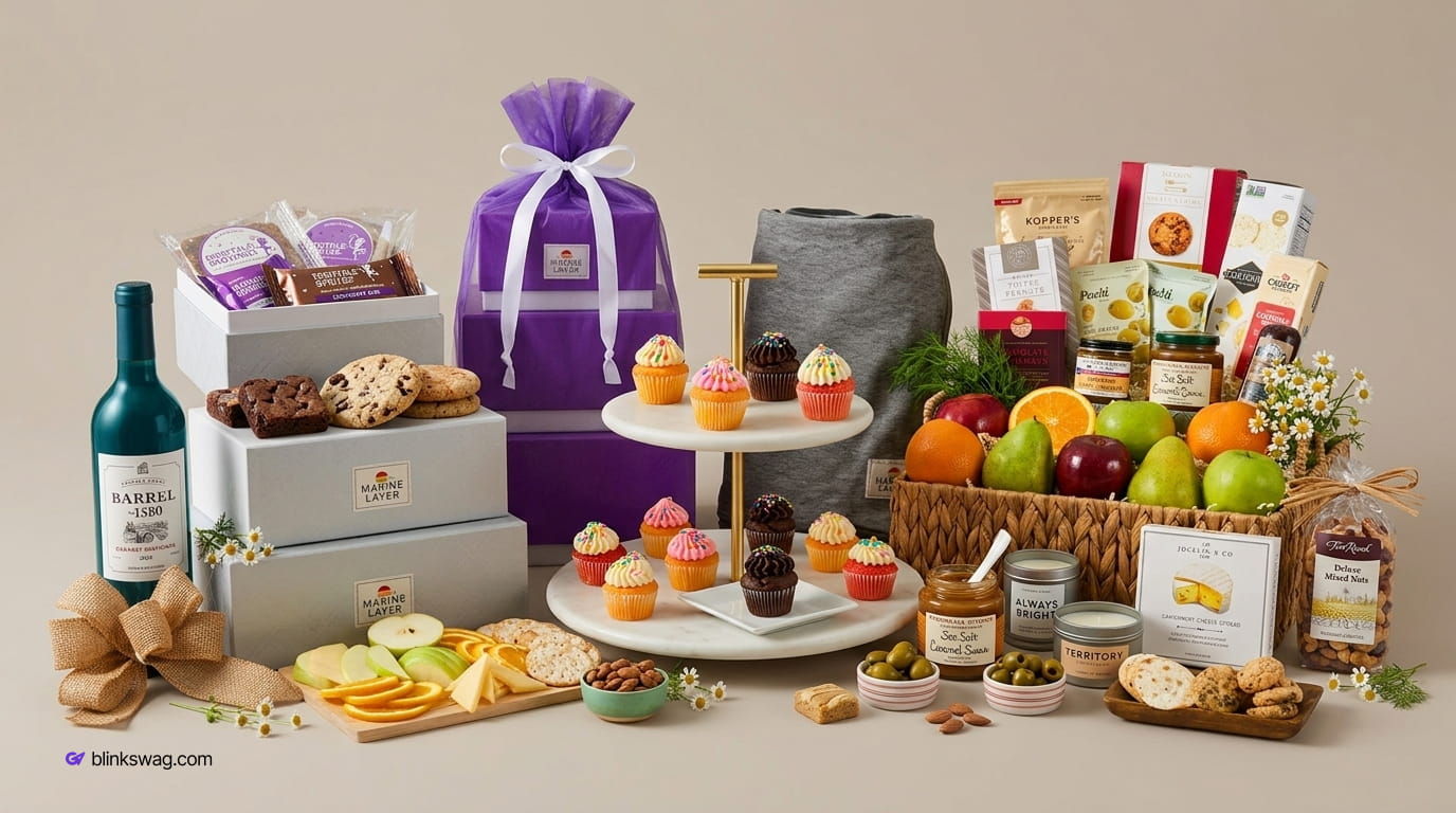 Gourmet gift display with snack baskets, cupcakes, wine, fruit, and artisan treats.