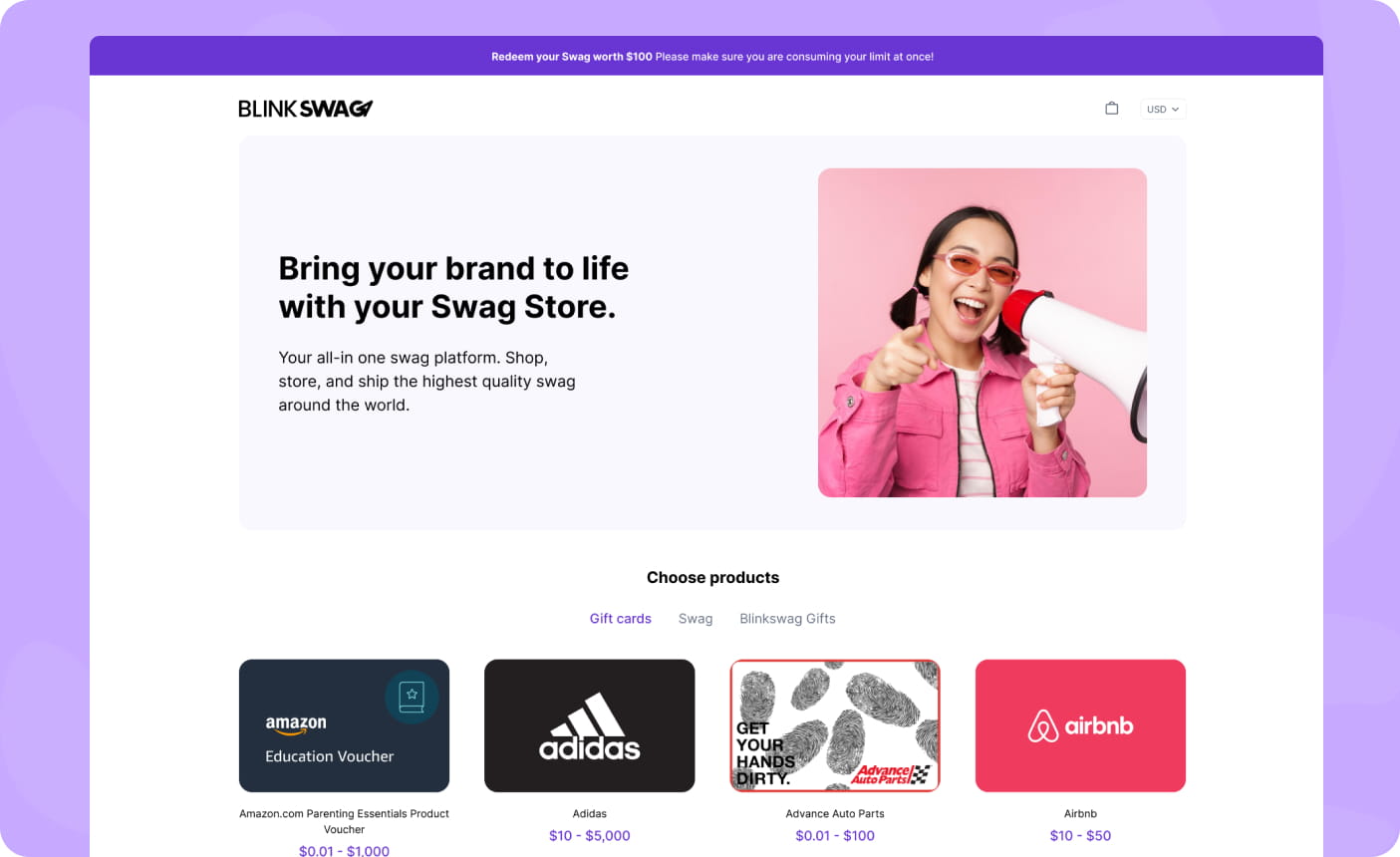 Branded BlinkSwag redemption portal interface displaying gift cards for Amazon, Adidas, Advance Auto Parts, and Airbnb.