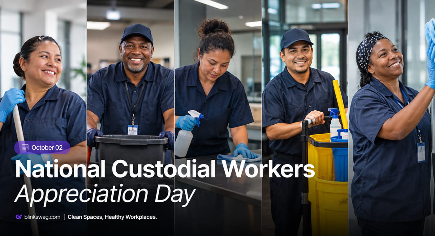 Five-panel collage featuring smiling custodial staff members performing various cleaning duties.