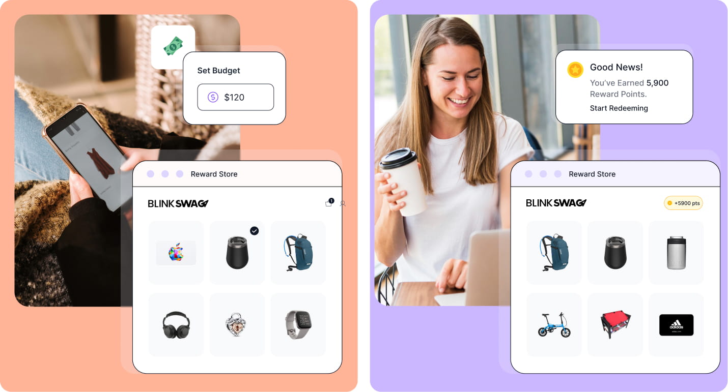 Split graphic comparing budget-based gift redemptions with set dollar limits to earned point-based reward store options.